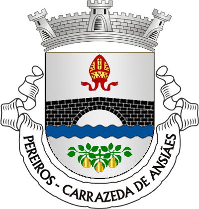 Escudo de prata, ponte medieval de um arco, de negro, lavrada do campo, movente dos flancos e de faixa ondada de azul; em chefe, mitra de vermelho guarnecida de ouro; em campanha, ramo de pereira de verde, frutado de três frutos de ouro, realçados de vermelho. Coroa mural de prata de três torres. Listel branco, com a legenda a negro: «PEREIROS - CARRAZEDA de ANSIÃES». 