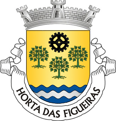 Escudo de ouro, três figueiras de verde, arrancadas do mesmo, frutadas do campo; em chefe, roda dentada de negro; campanha de três burelas ondadas de azul e prata. Coroa mural de prata de três torres. Listel branco, com a legenda a negro: «HORTA das FIGUEIRAS» 