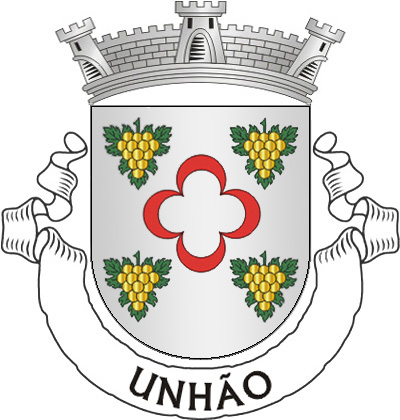 Escudo de prata, uma caderna de crescentes de vermelho, acantonada de quatro cachos de uvas de ouro, folhados de verde. Coroa mural de prata de quatro torres. Listel branco, com a legenda a negro: "UNHÃO". 