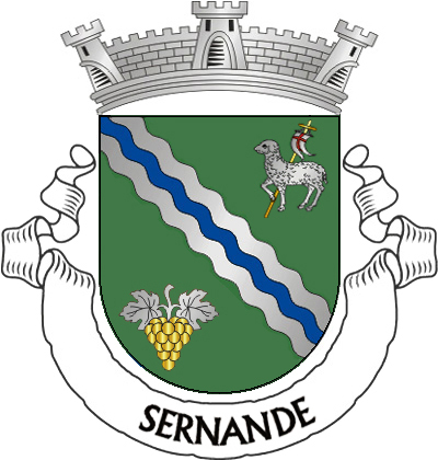 Escudo de verde, com uma banda ondada de prata, carregada de uma burela ondada de azul, acompanhada em chefe de um Agnus Dei de prata, realçado de negro, sustendo uma vara crucífera de ouro, com lábaro de prata, carregado de uma cruz firmada de vermelho e, em campanha, de um cacho de
uvas de ouro folhado de prata. Coroa mural de prata de três torres. Listel branco, com a legenda a negro: «SERNANDE».