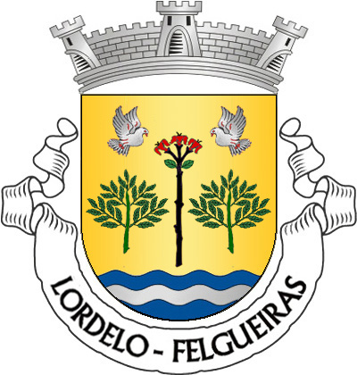 Escudo de ouro, uma vara de negro florida de vermelho e folhada de verde, posta em pala, entre dois ramos de loureiro de verde; em chefe, duas seixas afrontadas de prata, realçadas de vermelho; campanha 
diminuta de três tiras ondadas de azul e prata. Coroa mural de prata de três 
torres. Listel branco, com a legenda a negro: “Lordelo — Felgueiras”.