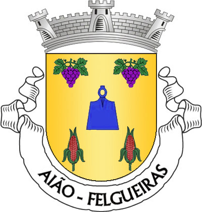 Escudo de ouro, ferro de enxada de azul, entre dois cachos de uvas de púrpura, folhados de verde, em chefe e duas espigas de milho-rei de vermelho, folhadas de verde, em campanha. Coroa mural de prata de três torres. Listel
branco, com a legenda a negro: «Aião - Felgueiras». 