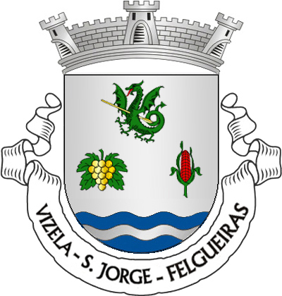 Escudo de prata, dragão de verde, lampassado e animado de vermelho, trespassado por lança de ouro, cacho de
uvas de ouro, folhado de verde e espiga de milho de vermelho, folhado de verde, tudo alinhado em roquete; campanha dimi-
nuta ondada de azul e prata de três tiras ondadas. Coroa mural de prata de três torres. Listel branco, com a legenda a negro: «VIZELA — S. JORGE — FELGUEIRAS». 