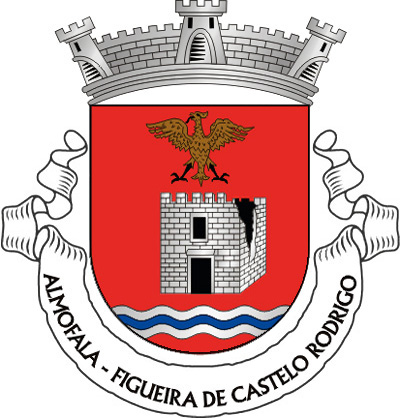 Escudo de vermelho, uma torre quadrangular arruinada, de prata, com porta e janelas rectangulares, aberta e lavrada de negro, acompanhada em chefe de um grifo (não heráldico - "gyps fulvus") de sua cor; em ponta, três faixetas ondadas de prata e azul. Coroa mural de três torres de prata. Listel branco, com a inscrição em maiúsculas a negro: «ALMOFALA - FIGUEIRA de CASTELO RODRIGO».