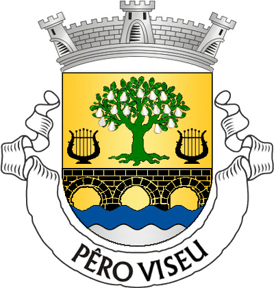 Escudo de ouro, uma pereira, arrancada, de verde, frutada de prata, entre duas liras de negro; em campanha, ponte de três arcos de negro, lavrada do campo, firmada no flancos e movente de um pé ondado de azul e prata de duas peças. Coroa mural de prata de três torres. Listel branco, com a legenda a negro: «PÊRO VISEU». 