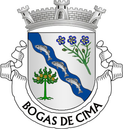 Escudo de prata, banda ondada de azul, carregada de três bogas de prata, realçadas de negro, postas no sentido da banda, acompanhada de ramo de linho de verde, florido de três flores de azul, realçadas de ouro e de um pinheiro arrancado, de verde, frutado de ouro. Coroa mural de prata de três torres. Listel branco, com a legenda a negro: «BOGAS de CIMA». 