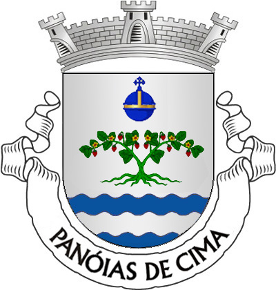 Escudo de prata, com um morangueiro arrancado, de verde, florido de ouro e frutado de vermelho; em chefe, globo crucífero de azul, realçado de ouro; campanha ondada de três peças de azul e prata. Coroa mural de prata de três torres. Listel branco, com a legenda a negro: «PANÓIAS de CIMA». 