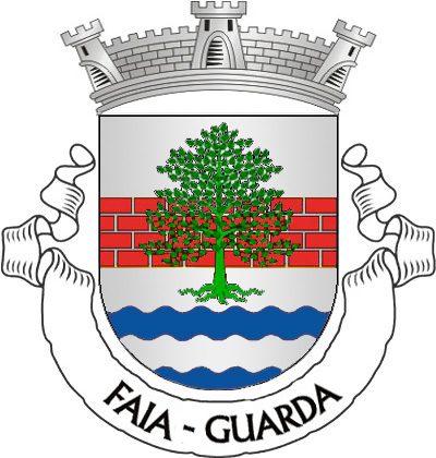 Escudo de prata, pano de muralha de vermelho, lavrado do campo, posto em faixa e, brocante, faia arrancada, de verde; campanha ondada de azul e prata de três peças. Coroa mural de prata de três torres. Listel branco, com a legenda a negro: «FAIA - GUARDA».