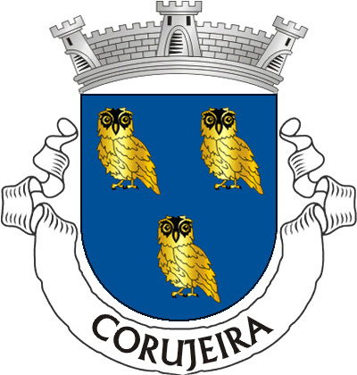 Escudo de azul, três corujas de ouro, realçadas de negro. Coroa mural de prata de três torres. Listel branco, com a legenda a negro: «CORUJEIRA». 