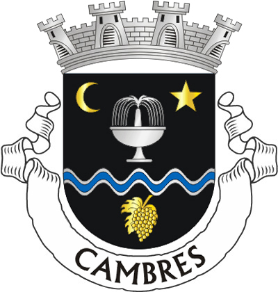 Escudo de negro, fonte de prata jorrando água do mesmo, sotoposta de uma faixeta ondeada de prata e azul de três tiras e acompanhada em chefe, à dextra, de um crescente volvido e, à sinistra, de uma estrela de cinco pontas, tudo de ouro; em ponta, cacho de uvas de ouro folhado do mesmo. Coroa mural de prata de três torres. Listel branco, com a legenda a negro em maiúsculas : "CAMBRES".