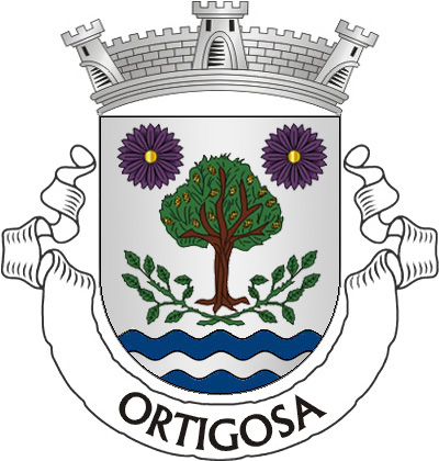 Escudo de prata, dois ramos de ortiga de verde, passados em aspa e sotopostos a um pinheiro arrancado, de sua cor e frutado de ouro; em chefe, duas flores de púrpura, botoadas de ouro e, em ponta, pé ondeado de azul e prata de três tiras. Coroa mural de prata de três torres. Listel branco com a legenda a  negro “ORTIGOSA“.