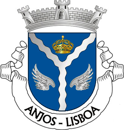 Escudo de azul, pálio ondado de prata, acompanhado em chefe de coroa mariana de ouro e pedrarias e, nos flancos, de dois voos de prata. Coroa mural de prata de três torres. Listel branco, com a legenda a negro: «ANJOS - LISBOA». 