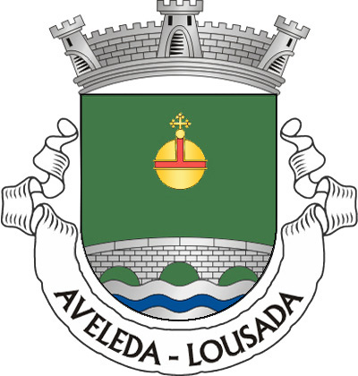 Escudo de verde, ponte medieval de três arcos de prata lavrada de negro, movente dos flancos e nascente de uma campanha diminuta de prata azul de três tiras, em chefe, mundo crucífero de ouro, cintado e cruzado de vermelho. Coroa mural de prata de três torres. Listel branco, com legenda negro: "AVELEDA – LOUSADA". 