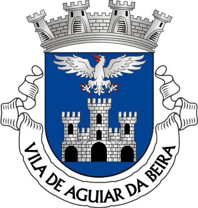 Escudo de azul, com um castelo de prata aberto e iluminado de negro. Em chefe, uma águia de prata realçada de negro e bicada, lampassada e armada de vermelho. Coroa mural de prata de quatro torres. Listel branco com os dizeres a negro : " VILA AGUIAR DA BEIRA ".