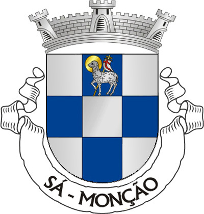 Escudo equipolado de prata e azul, sendo o ponto azul do chefe carregado com Agnus Dei de prata, nimbado de ouro e sustendo uma haste crucífera de ouro com lábaro de prata carregado de cruz firmada de vermelho. Coroa mural de prata de três torres. Listel branco com a legenda a negro, em maiúsculas : “SÁ - MONÇÃO“. 