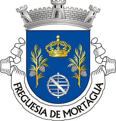 Escudo de azul, coroa mariana de ouro e esfera armilar de prata, alinhadas em pala, tudo entre dois ramos de pinheiro de ouro, frutados de prata e postos em pala. Coroa mural de prata de três torres. Listel branco, com a legenda a negro: «FREGUESIA de MORTÁGUA». 