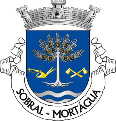 Escudo de azul, pinheiro arrancado e folhado de prata e frutado de ouro, entre um arado de relha de ouro e dois machados do mesmo, passados em aspa; campanha diminuta de prata e azul de três tiras. Coroa mural de prata de três torres. Listel branco, com a legenda a negro: “SOBRAL - MORTÁGUA“. 