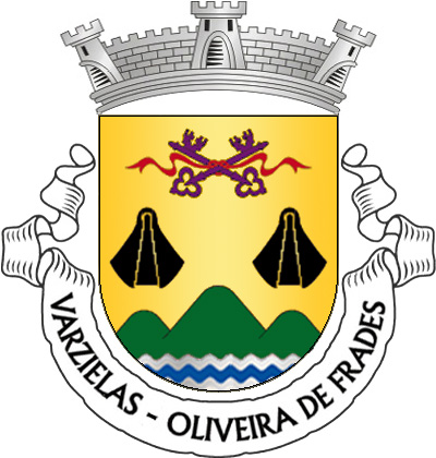 Escudo de ouro, duas chaves, de púrpura, passadas em aspa e atadas de vermelho e duas capuchas de negro, tudo alinhado em roquete; em campanha, monte de três cômoros de verde, movente de um pé ondado de prata e azul de três tiras. Coroa mural de prata de três torres. Listel branco, com a legenda a negro: «VARZIELAS - OLIVEIRA de FRADES». 