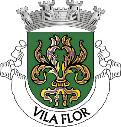 Escudo de verde, com uma flor-de-lis de ouro aberta e realçada de púrpura. Coroa mural de prata de quatro torres. Listel branco com os dizeres a negro : "VILA FLOR".  