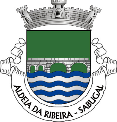 Escudo de verde, ponte de quatro arcos, sendo os dois da dextra menores, de prata, lavrada de negro, movente dos flancos e de um contra-chefe ondado de prata e azul.  Coroa mural de prata de três torres. Listel  branco, com a legenda a negro: «ALDEIA DA RIBEIRA - SABUGAL». 