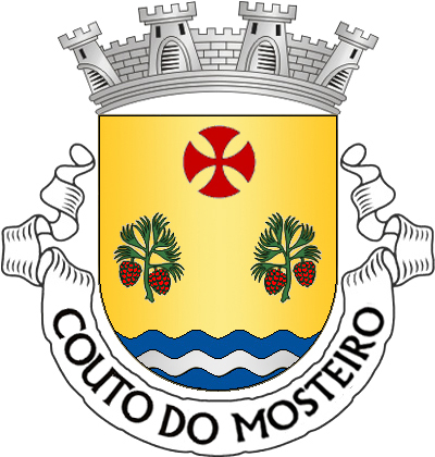 Escudo de ouro, dois ramos de pinheiro de verde, frutados de vermelho, e postos em pala e alinhados em faixa; em chefe, cruz da Ordem do Templo; campanha diminuta ondada de azul e prata de três tiras. Coroa mural de prata de quatro torres. Listel branco, com a legenda a negro: «COUTO do MOSTEIRO».