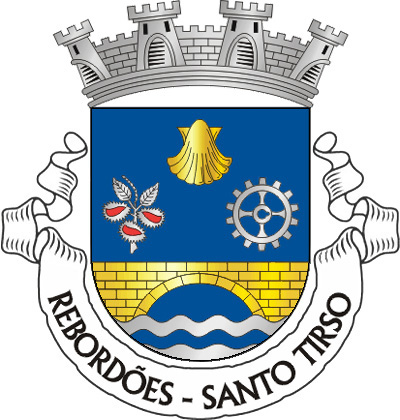 Escudo de azul, com uma vieira de ouro, um ramo de castanheiro de prata com ouriços do mesmo, abertos de vermelho e uma roda dentada de prata, tudo disposto em roquete; em campanha, ponte de um arco de ouro, lavrada de negro, firmada nos flancos e movente de um pé ondado de prata e azul de três tiras. Coroa mural de prata de quatro torres. Listel branco, com a legenda a negro: “ REBORDÕES - SANTO TIRSO “. 