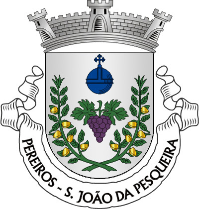 Escudo de prata, cacho de uvas de púrpura, sustido de verde, entre dois ramos de amendoeira de verde, frutados de ouro, com os pés passados em aspa, em ponta; em chefe, mundo crucífero de azul, realçado de negro. Coroa mural de prata de três torres. Listel branco, com a legenda a negro: “ PEREIROS - S. JOÃO DA PESQUEIRA “. 