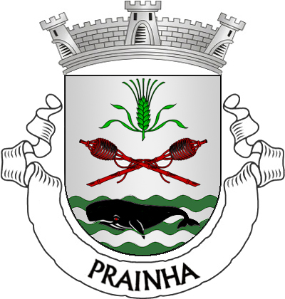 Escudo de prata, com duas rocas de vermelho, com fios do mesmo realçados do campo, passadas em aspa; em chefe, espiga de trigo de verde; campanha ondada de verde e prata, de cinco peças, tendo brocante cachalote de negro, animado de vermelho e realçado de prata. Coroa mural de prata de três torres. Listel branco, com a legenda a negro: «PRAINHA».