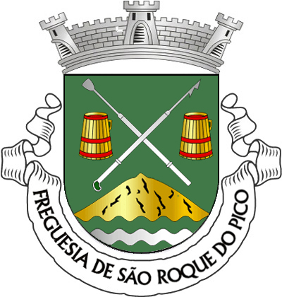 Escudo de verde, com uma espeide e um farpão, de prata, passados em aspa, entre duas bilhas de ouro, cintadas de vermelho, alinhadas em faixa; em campanha, monte de ouro, realçado de negro, movente de campanha diminuta de três tiras ondadas de verde e prata. Coroa mural de prata de três torres. Listel branco, com a legenda a negro: «FREGUESIA de S. ROQUE do PICO». 