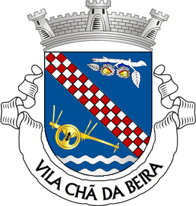 Escudo de azul, banda enxaquetada de prata e vermelho, de três tiras, acompanhada à sinistra de um ramo de castanheiro de prata, folhado e com ouriços do mesmo, abertos de vermelho e frutados de ouro e, à dextra, de um carro de bois de ouro, realçado de negro; campanha diminuta ondada, de prata e azul de três tiras. Coroa mural de prata de três torres. Listel branco, com a legenda a negro "VILA CHÃ de BEIRA". 