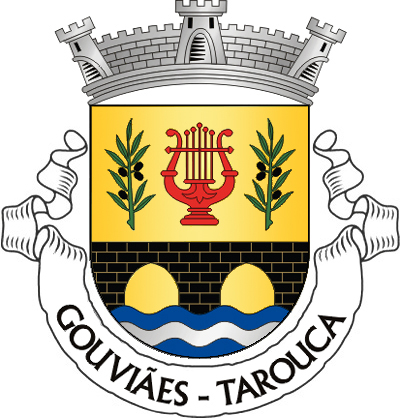 Escudo de ouro, ponte de dois arcos de negro, lavrada do campo, movente dos flancos e de um pé ondado de três tiras de azul e prata e encimada por uma lira de vermelho, realçada de negro, entre dois ramos de oliveira de verde, frutados de negro e postos em pala. Coroa mural de prata de três torres. Listel branco, com a legenda a negro : “GOUVIÃES - TAROUCA“.