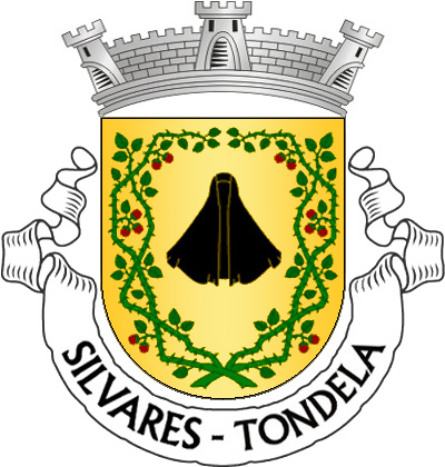 Escudo de ouro, capucha de negro entre dois ramos de silva de verde, frutados de vermelho, dispostos em orla e com os pés passados em aspa. Coroa mural de prata de três torres. Listel branco, com a legenda a negro: «SILVARES - TONDELA». 