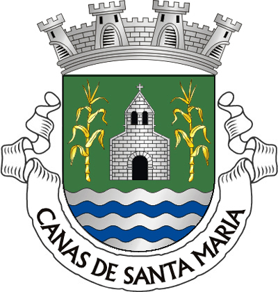 Escudo de verde, uma igreja de prata, lavrada de negro, entre duas canas de ouro; campanha ondada de prata e azul. Coroa mural de prata de quatro torres. Listel branco com a legenda a negro, em maiúsculas : “CANAS DE SANTA MARIA“. 