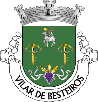 Escudo de verde, Agnus Dei de prata, nimbado de ouro e sustendo com a pata direita uma haste crucífera de ouro com lábaro de prata carregado de uma cruz firmada de vermelho, duas bestas de ouro cordoadas de prata e realçadas de negro e três espigas de milho de ouro, postas uma em banda, uma em pala e uma em barra, atadas de prata e moventes de um cacho de uvas de púrpura folhado de prata, todas as figuras alinhadas em cruz. Coroa mural de prata de três torres. Listel branco, com a legenda a negro: “VILAR DE BESTEIROS“. 