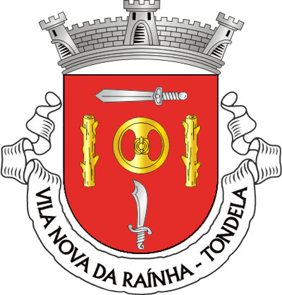 Escudo de vermelho, roda de carro de bois de ouro, realçada de negro, entre dois decotes de ouro, postos em pala; em chefe, um gládio romano de prata, posto em faixa e, em ponta, alfange de mouro, de prata, posto em pala. Coroa mural de prata de três torres. Listel branco, com a legenda a negro: “VILA NOVA DA RAÍNHA – TONDELA“. 