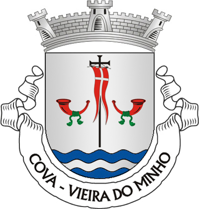 Escudo de prata, haste crucífera de negro com lábaro de vermelho com cruz firmada de prata, entre duas buzinas de caça de vermelho, com cordões de verde, a da sinistra volvida; campanha diminuta ondada de azul e prata de três tiras. Coroa mural de prata com três torres. Listel branco, com a legenda a negro: «Cova - Vieira do Minho».