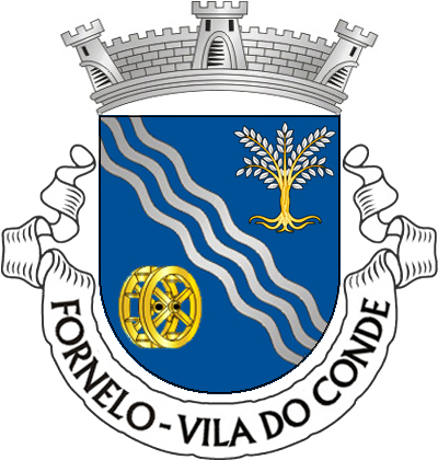 Escudo de azul, banda ondada de prata e azul, de  cinco tiras, entre uma árvore de ouro, arrancada do mesmo,  folhada de prata e uma roda de azenha de ouro, realçada de  negro. Coroa mural de prata de três torres. Listel branco, com  a legenda a negro: «FORNELO — VILA DO CONDE». 