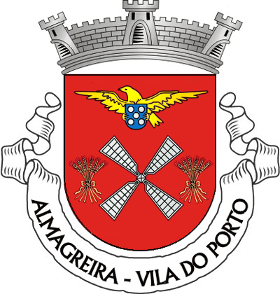 Escudo de vermelho, armação de moinho de prata, vestida do mesmo e disposta em aspa, entre duas gavelas de trigo de ouro, atadas de azul; em chefe, açor de ouro, segurando nas garras uma quina das armas nacionais. Coroa mural de prata de três torres. Listel branco com a legenda a negro, em maiúsculas : "ALMAGREIRA - VILA DO PORTO". 
