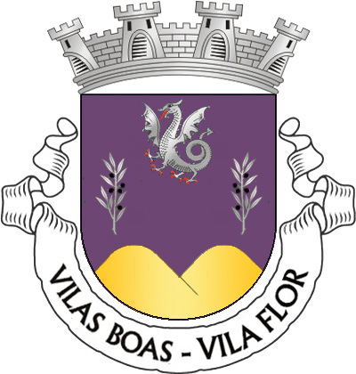 Escudo de púrpura, um dragão de prata, realçado de negro, animado e lampassado de vermelho e dois ramos de oliveira de prata, frutados de negro, postos em pala, tudo alinhado em roquete; em campanha, monte de dois cômoros de ouro, movente da ponta. Coroa mural de prata de quatro torres. Listel branco, com a legenda a negro: «VILAS BOAS - VILA FLOR». 