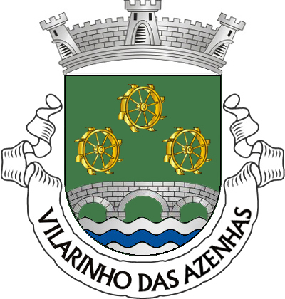 Escudo de verde, três rodas de azenha de ouro, realçadas de negro, alinhadas em roquete; em campanha, ponte antiga de três arcos, de prata, realçada de negro, movente dos flancos e de um pé de um pé de três burelas ondadas de prata e azul. Coroa mural de prata de três torres. Listel branco, com a legenda a negro: «VILARINHO das AZENHAS». 