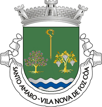 Escudo de verde, um báculo abacial de ouro, posto em pala, uma amendoeira arrancada de ouro, florida de prata e realçada de vermelho e uma parreira arrancada, folhada e gavinhada de ouro e frutada de prata, tudo alinhado em roquete; campanha diminuta de três burelas ondadas de prata e azul. Coroa mural de prata de três torres. Listel branco, com a legenda a negro: "SANTO AMARO - VILA NOVA de FOZ CÔA". 