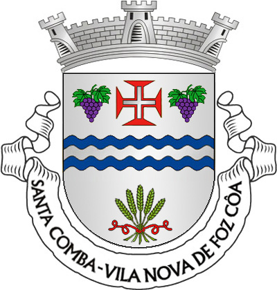 Escudo de prata, faixa ondada de azul, carregada de faixeta ondada de prata e acompanhada em chefe de cruz da Ordem de Cristo, entre dois cachos de uvas de púrpura, folhados de verde e, em campanha, de um feixe de cinco espigas de trigo de verde atado de vermelho. Coroa mural de prata de três torres. Listel branco, com a legenda a negro: "Santa Comba - Vila Nova de Foz Côa".