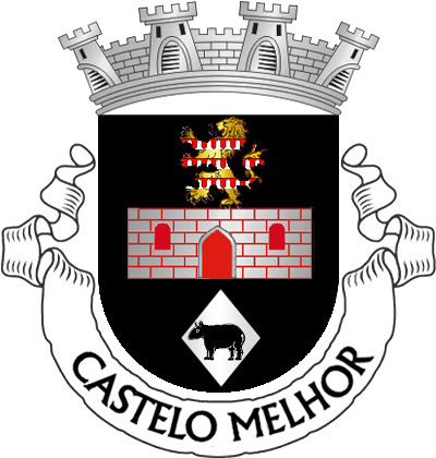 Escudo de negro, pano de muralha solto, de prata, aberto, frestado e lavrado de vermelho; em chefe, leão de ouro, veirado de prata e vermelho; em campanha, lisonja de prata, carregada com de vulto de anta (animal) de negro. Coroa mural de prata de quatro torres. Listel branco, com a legenda a negro: «CASTELO MELHOR». 