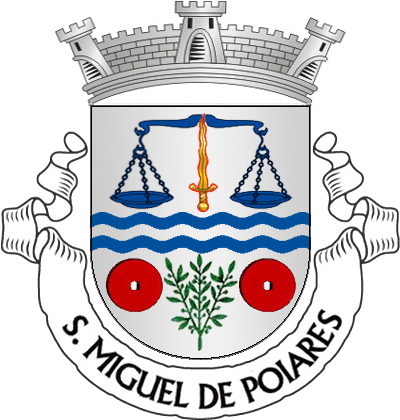 Escudo de prata, duas faixetas ondeadas de azul, acompanhadas em chefe de uma balança de dois pratos, de azul, carregada de uma espada de S. Miguel, de ouro, debruada de vermelho e em ponta de um ramo de oliveira de verde, entre duas mós de moinho de vermelho. Coroa mural de prata de três torres. Listel branco, com a legenda a negro, em maiúsculas: "S. MIGUEL de POIARES".