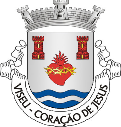 Escudo de prata, coração de vermelho, inflamado do mesmo, carregando uma coroa de espinhos de ouro e duas torres de vermelho, abertas e iluminadas de ouro; em ponta, três burelas ondades de azul, prata e azul. Coroa mural de prata de três torres. Listel branco, com a legenda a negro: «VISEU- CORAÇÃO DE JESUS». 