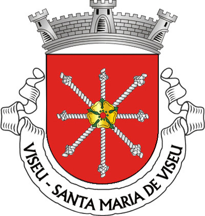 Escudo de vermelho, um carbúnculo de corda nodada de prata, tendo brocante, em abismo, uma rosa de ouro, apontada de verde e botonada do campo. Coroa mural de prata de três torres, com a legenda a negro: «VISEU- SANTA MARIA DE VISEU». 