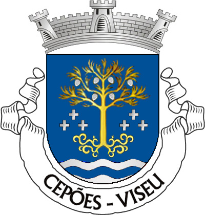 Escudo de azul, pinheiro de ouro, frutado de prata, entre três 
cruzetas de prata, alinhadas em roquete, nos flancos; campanha diminuta 
de três tiras ondadas de preto e azul. Coroa mural de prata de três torres. 
Listel branco, com a legenda a negro: “CEPÕES — VISEU”.