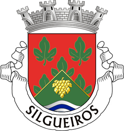 Escudo de vermelho, cinco folhas e figueira de verde, nervadas e perfiladas de ouro; brocante, um mantel de verde, perfilado de ouro, carregado de um cacho de uvas folhado, de ouro, sobreposto a um pé ondado de prata e azul. Coroa mural de prata de quatro torres. Listel branco com a legenda a negro: “SILGUEIROS“.