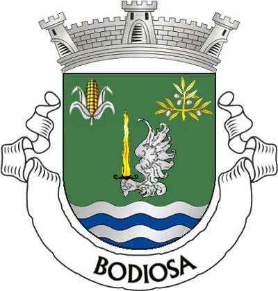 Escudo de verde, mão alada de prata empunhando  espada de lâmina flamejante de ouro, guarnecida de negro;  em chefe, espiga de milho de ouro, folhada a prata, à dextra;  ramo de oliveira de ouro, frutado de prata, à sinistra; campanha  ondada de prata e azul, de quatro tiras. Coroa mural  de prata de três torres. Listel em prata com a legenda a  negro: «BODIOSA». 