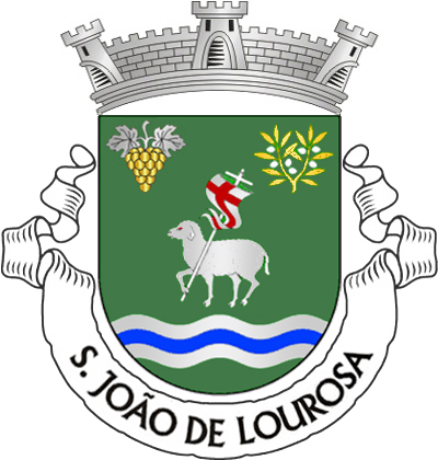 Escudo de verde, Agnus Dei de prata, com lábaro de prata com cruz firmada de vermelho; em chefe, à dextra, cacho de uvas de ouro, folhado de prata e, à sinistra, ramo de oliveira de ouro, frutado de prata; em campanha, faixa ondada de três burelas de prata e azul. Coroa mural de prata de três torres. Listel branco, com a legenda a negro: «S. JOÃO de LOUROSA». 